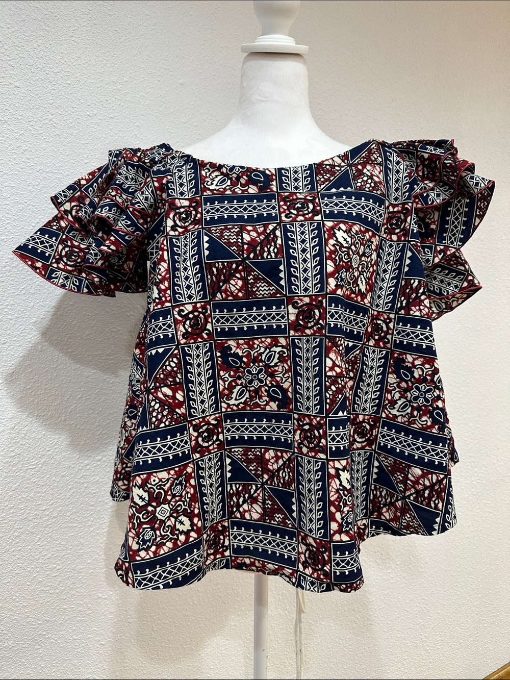 Ruffled Patchwork Square-Neck Blouse in Navy & Burgundy